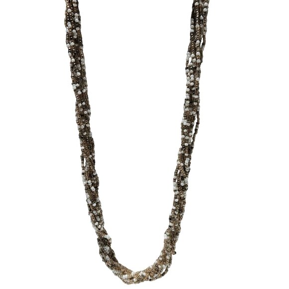 Elegant Gold White Seed Beaded Chunky Necklace Multi Strand Fashion Jewelry - Picture 1 of 6